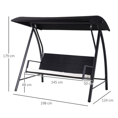 Outsunny 3-Sitzer-Gartenschaukel aus Polyrattan mit verstellbarem Sonnendach, Sonnenschutz, Sitzkissen und Hängebank, Tragkraft bis 360 kg, Maße: 198 x 124 x 179 cm, Farbe: Schwarz