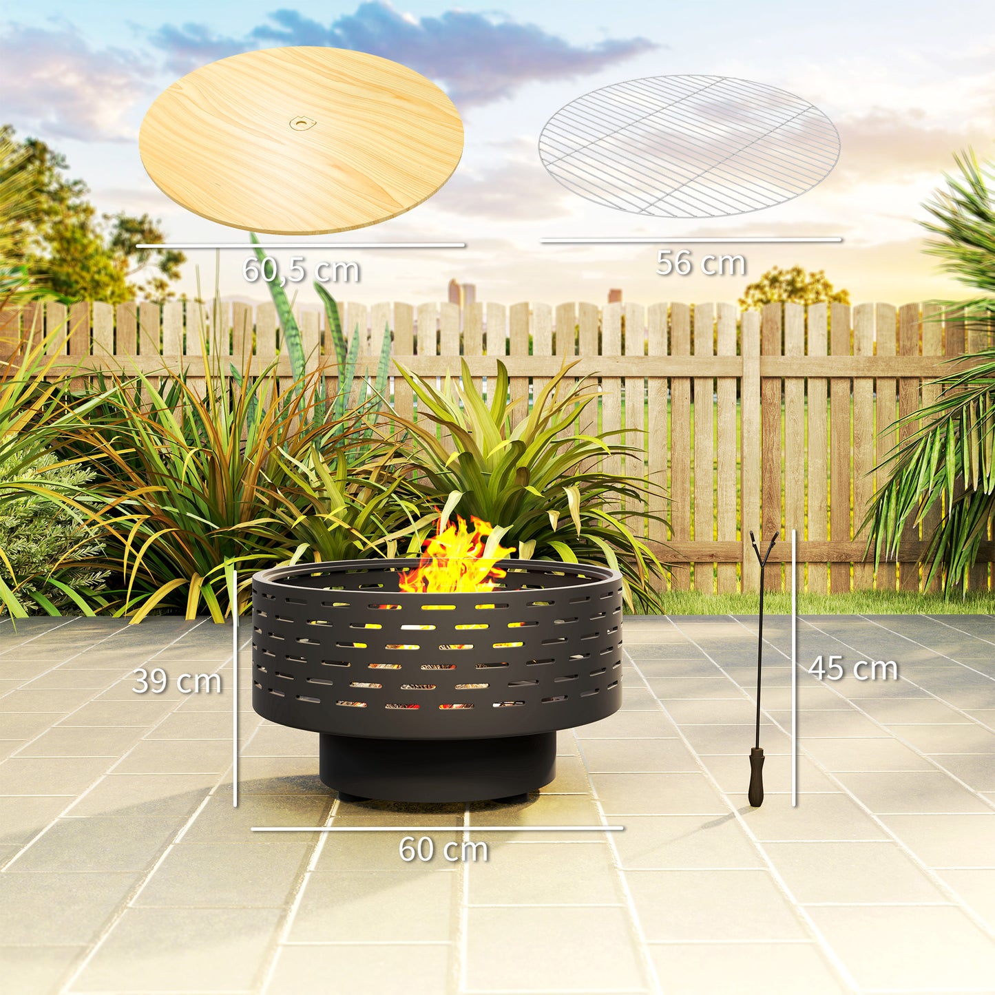 Outsunny 3-in-1 vuurschaal Ø60 x 39 cm RVS vuurkorf met grillrooster, vonkenscherm, pook, houtskoolgrijs