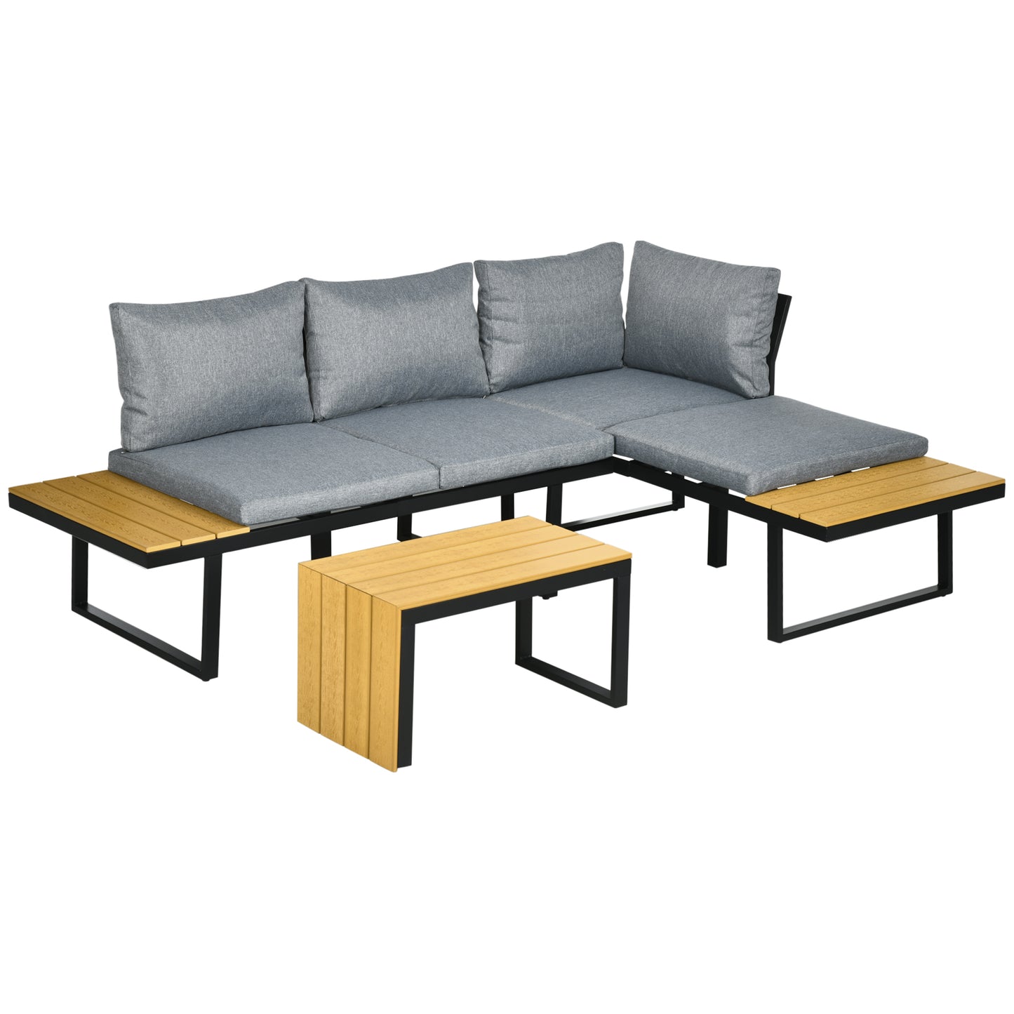 Outsunny 3-persoons tuinmeubelset, balkonmeubel met zitkussens, aluminium frame, houtlook, donkergrijs+naturel
