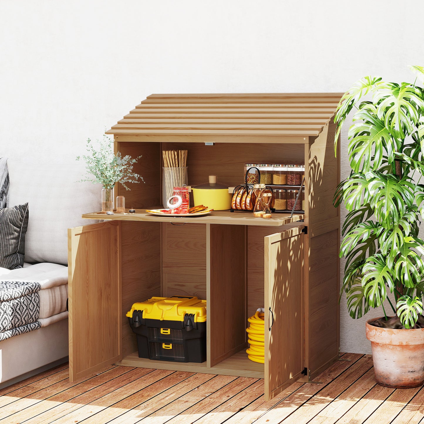 Outsunny tuinkast met uitklapbare tafel, gereedschapskast met dak, 110 x 54 x 136 cm, dennenhout, bruin