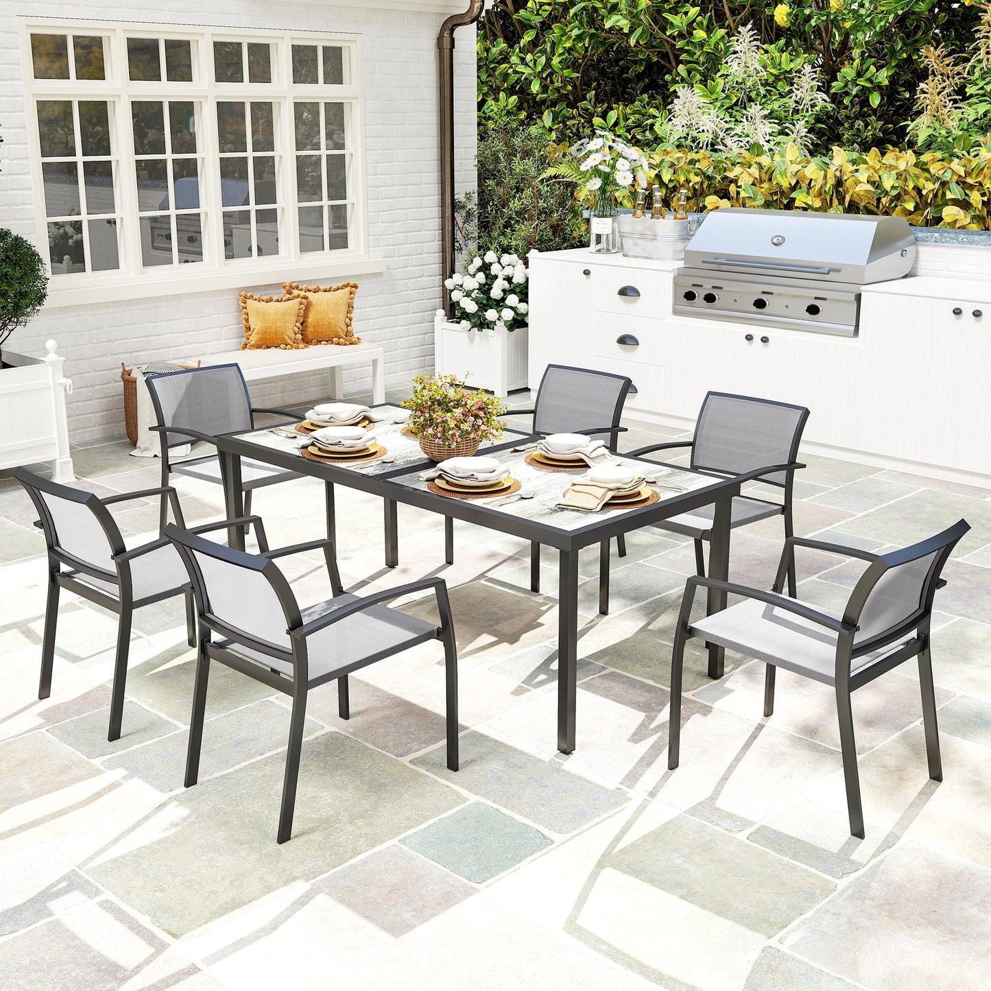 Outsunny 7-teilige Essgruppe, 6 Stühle, 1 Tisch, stapelbar, leicht zu reinigen, Stahlgestell, Gartenmöbelset, grau
