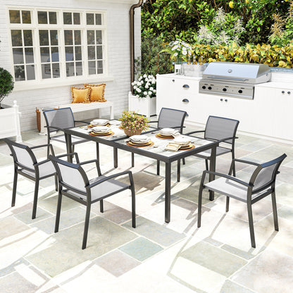 Outsunny 7-teilige Essgruppe, 6 Stühle, 1 Tisch, stapelbar, leicht zu reinigen, Stahlgestell, Gartenmöbelset, grau