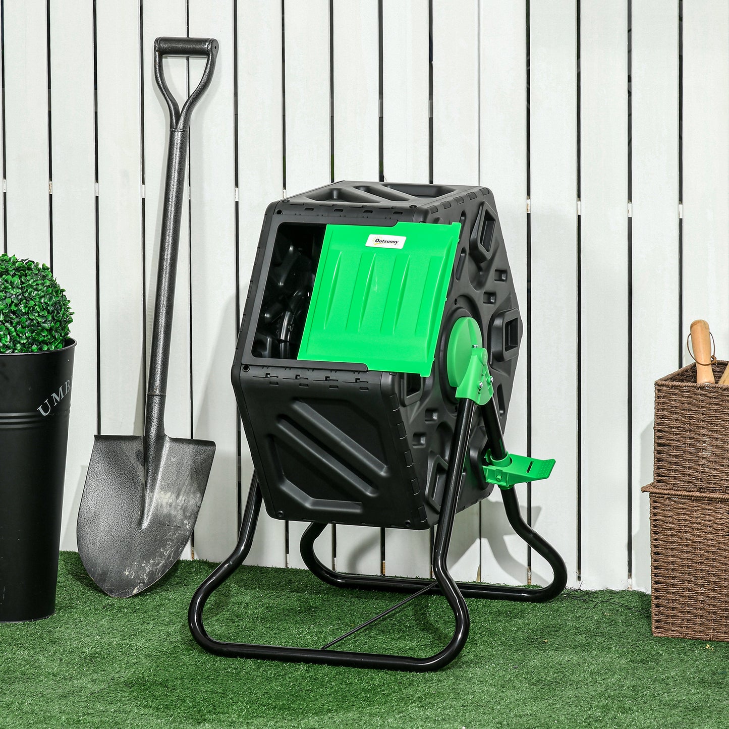 Outsunny compostbak, 65 liter, draaibaar, compact, 24 ventilatiegaten, staal, kunststof, groen + zwart