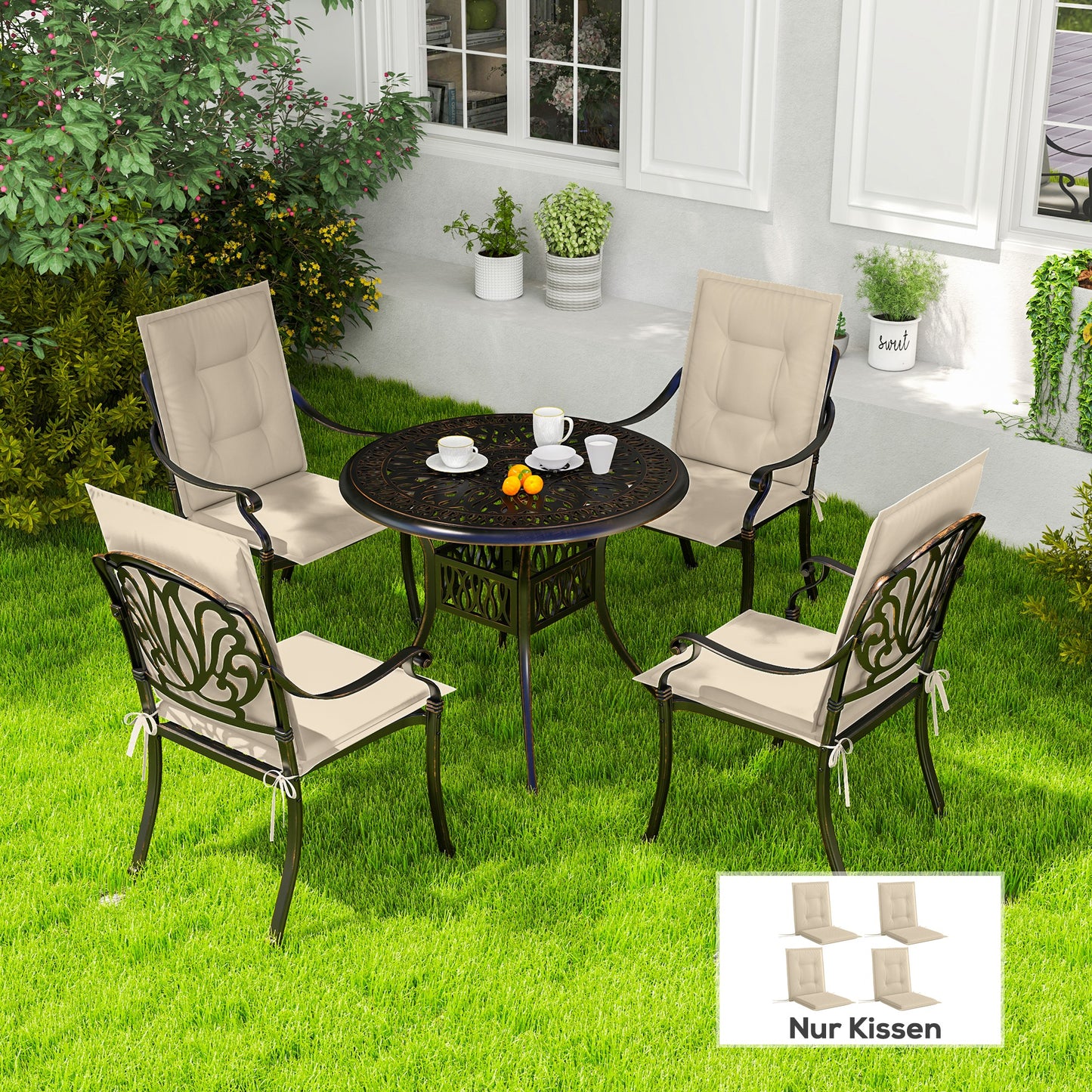 Outsunny 4-delige set zitkussens, 108 x 50 x 5 cm, stoelkussens met strikbandjes, zitkussens voor binnen/buiten, beige
