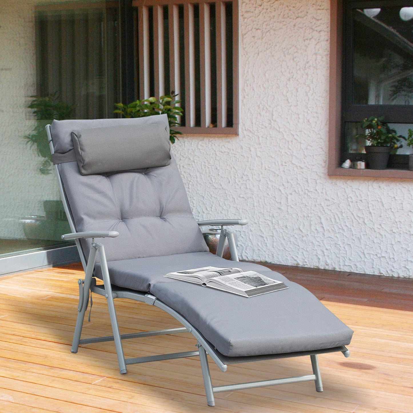 Outsunny Opvouwbare ligstoel met hoofdsteun en zitkussen, ligstoel met in 7 standen verstelbare rugleuning, tuinligstoel, relaxstoel, ondersteunt tot 165 kg, voor tuin, vakantie en buitengebruik, grijs