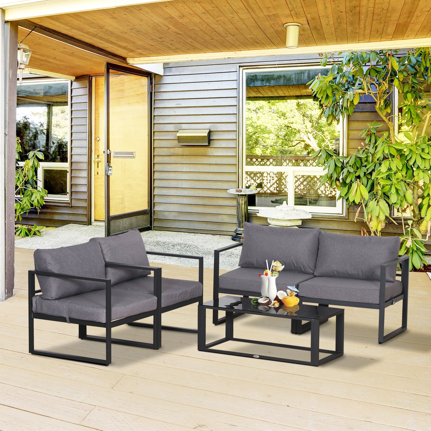Outsunny 4-teiliges Gartenmöbelset, Sitzgruppe, Bank mit Sitzkissen, Tisch mit Stauraum, Polyester, grau, 138 x 69 x 63 cm