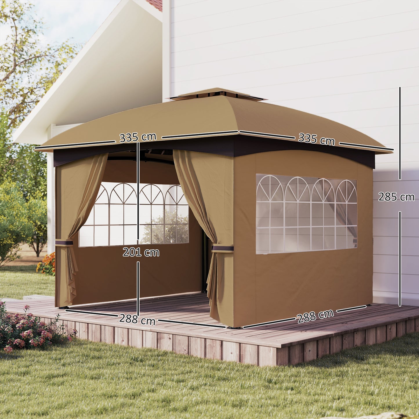 Outsunny 3,4 x 3,4 m tuinpaviljoen, biertent met geventileerd dak, boogramen, stalen frame, beige