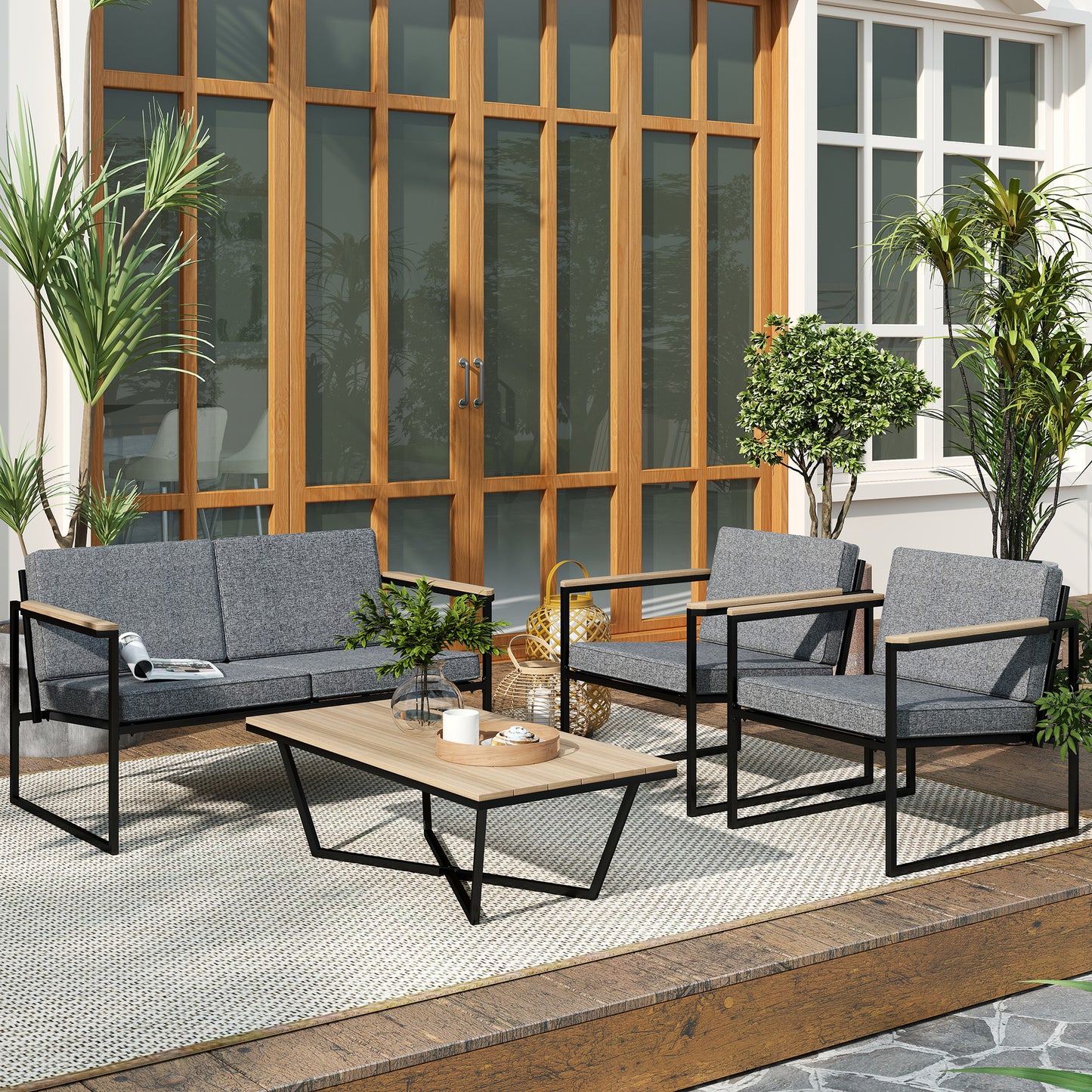 Outsunny 4-persoons tuinmeubelset, weerbestendige balkonmeubelset met 2-zitsbank, 2 stoelen, zitkussens en bijzettafel, grijs