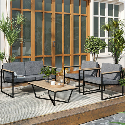 Outsunny 4-persoons tuinmeubelset, weerbestendige balkonmeubelset met 2-zitsbank, 2 stoelen, zitkussens en bijzettafel, grijs