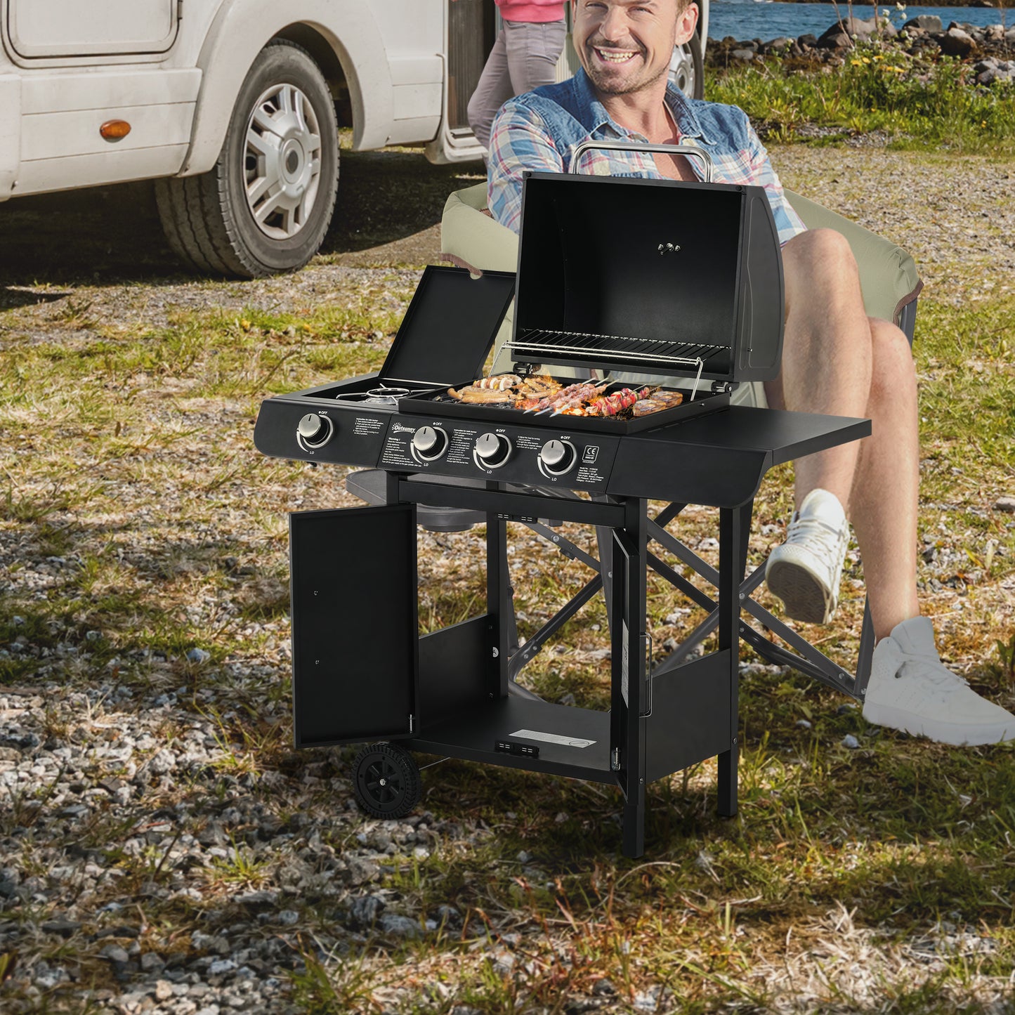 Outsunny gasbarbecue met 3 hoofdbranders + 1 zijbrander, opbergplank, roestvrij staal, zwart, 110 x 50 x 100 cm