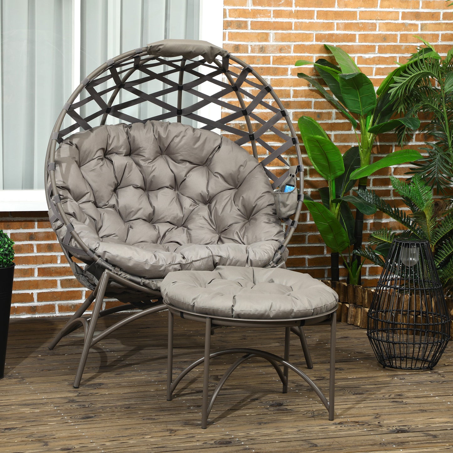 Outsunny Gartenmöbel-Set, 2-teilig, Hocker/Beistelltisch, großes Sitzkissen, Stahlgestell, Farbe: Sand, 118 x 75 x 142 cm