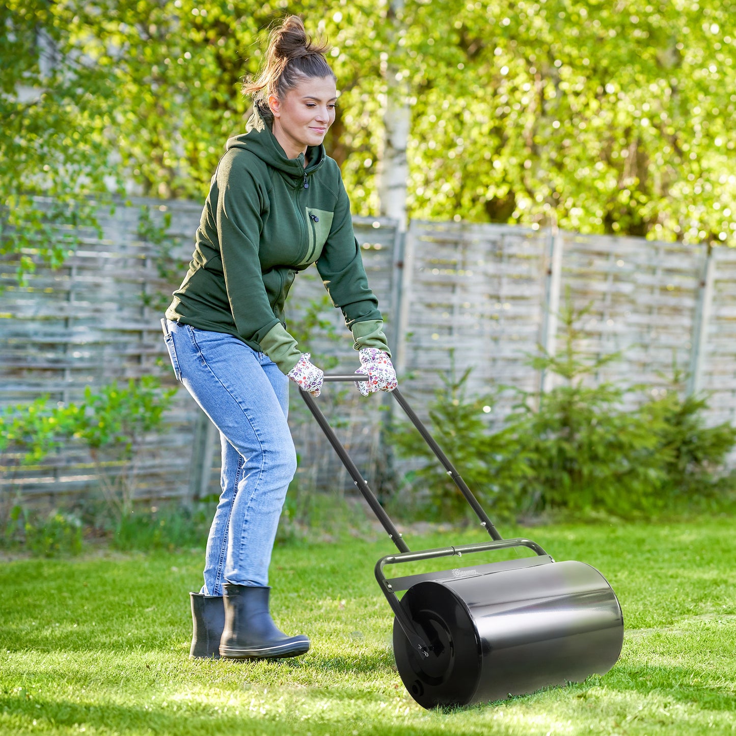 Outsunny gazonrol met U-greep, tuinrol, tuinrol, 32 cm diameter, 38 L water/62 kg zand, metaal, zwart, 58 x 32,5 x 113 cm