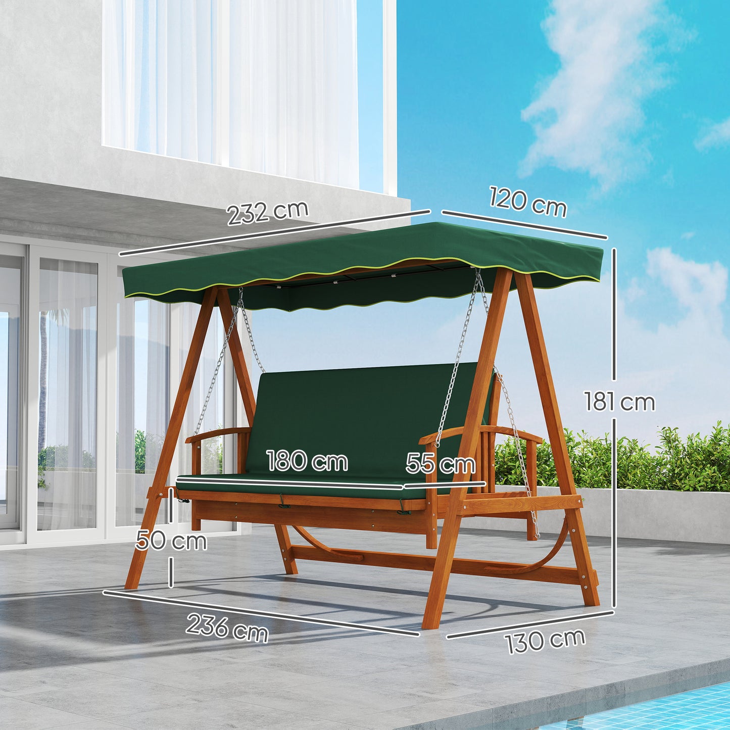 Outsunny Hollywood schommel met zonnekap, echte houten tuinschommel, schommelbank met ligfunctie, voor 3 personen, donkergroen