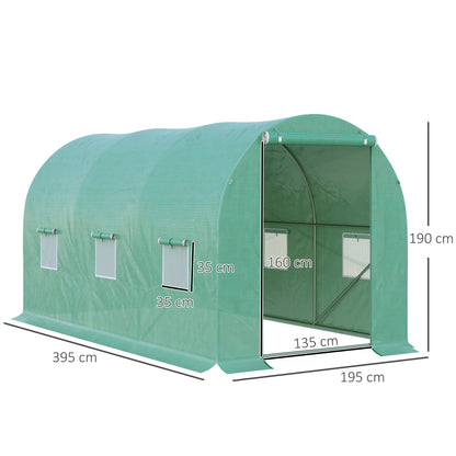 Outsunny Bogengewächshaus, 6 Netzfenster, transparente Folie, Metallrahmen, 3,95 x 1,95 x 1,90 m, grün