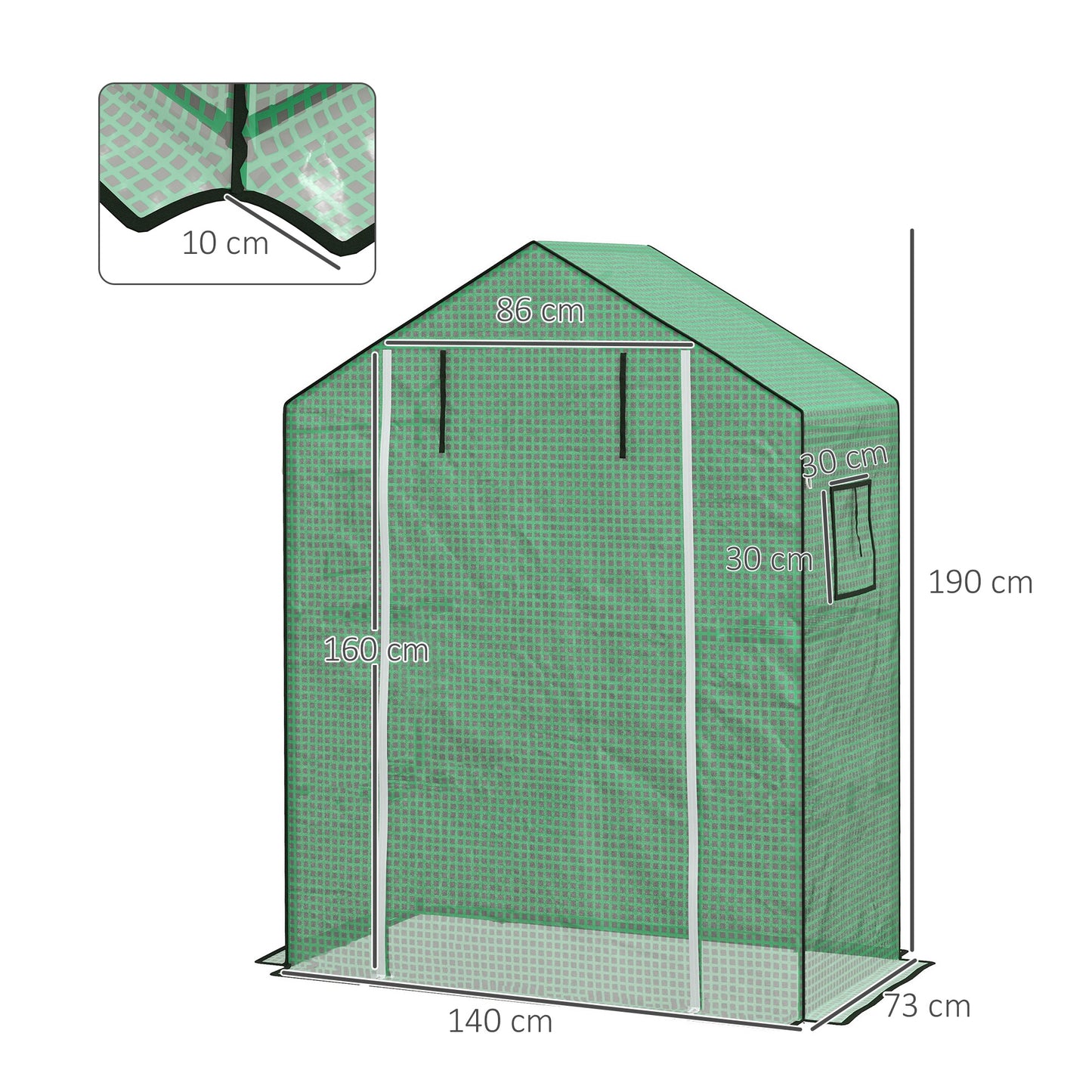 Outsunny vervangingshoes voor kas, vervangingshoes met UV-bescherming, roldeur, zijramen, 140 x 73 x 190 cm, groen