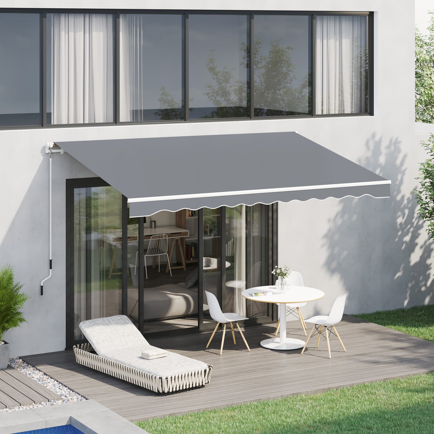 Outsunny zonnescherm, 3,95 x 2,45 m, zonwering, uitschuifbaar, met handzwengel, metalen frame, polyester, grijs/wit