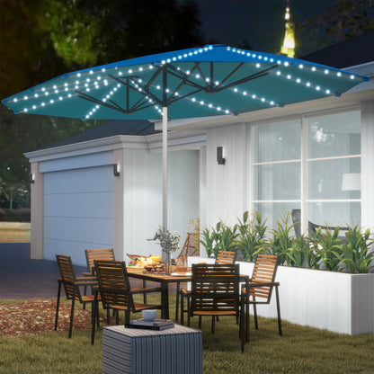 Outsunny Doppelsonnenschirm mit Solarleuchten, Aluminium, Polyester, UPF50+ Schutz, UV-beständig, Terrassenschirm, blau