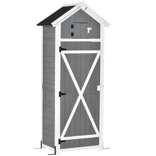 Outsunny Gartenhaus aus Holz, wetterfest, 78 x 52,5 x 182 cm, mit Tür, Satteldach, Aufbewahrungsschrank mit Haken, Klapptisch, Werkzeugschrank, Gartenhaus für Garten und Terrasse, Grau