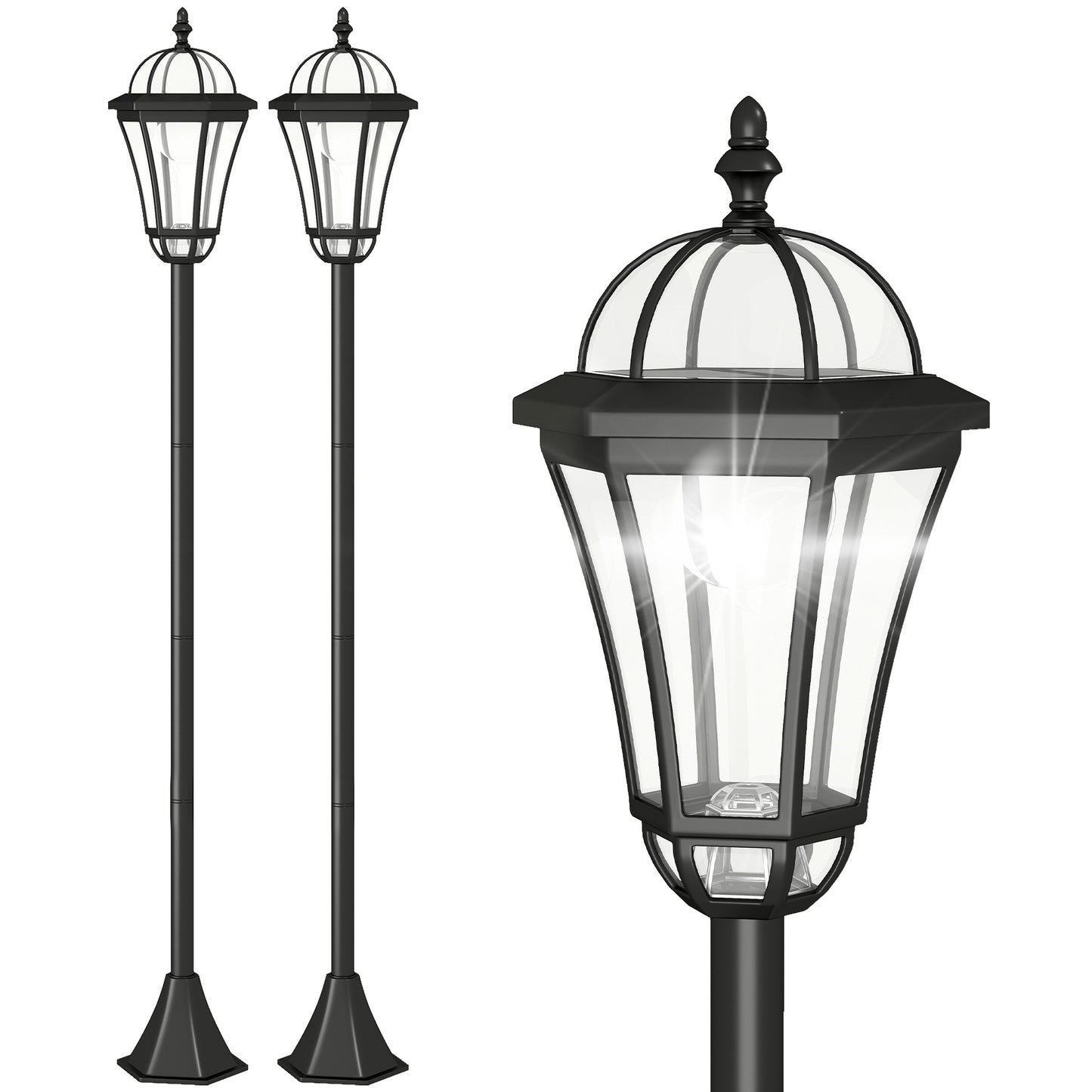 Outsunny Solar-Gartenlaterne, 2er-Pack, wetterfeste Wegebeleuchtung, 129 cm hoch, mit LED, 6 Stunden Leuchtdauer, Schutzart IP44, Solarlampe für den Außenbereich, Schwarz