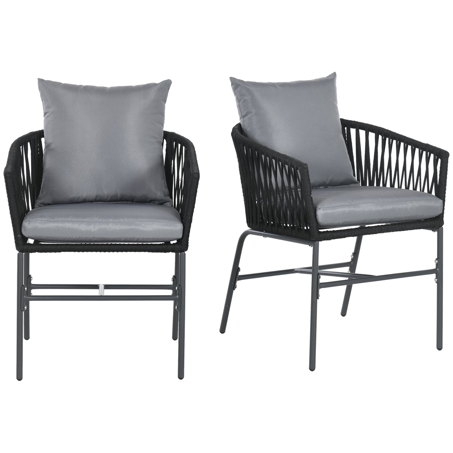 Outsunny tuinstoelen, set van 2, boho-design, zit- en rugkussens, comfortabele zitschaal, metalen frame, zwart