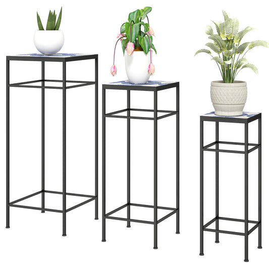 Outsunny 3-teiliges Pflanzenständer-Set, 3 unterschiedlich große Ständer zur Präsentation von Blumen und anderen Gegenständen, blau und weiß