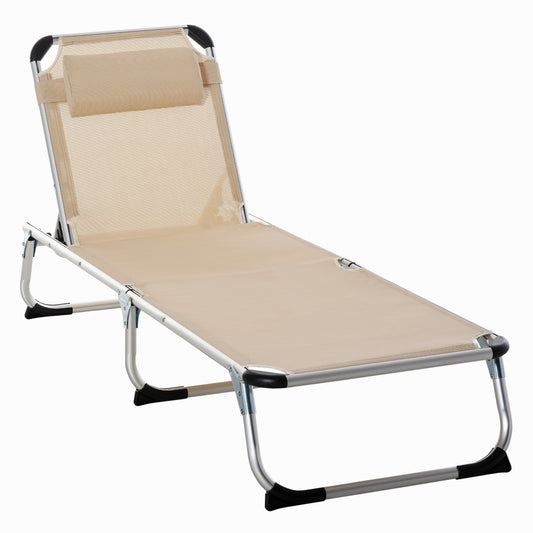 Outsunny Opvouwbare ligstoel, Tuinligstoel met hoofdsteun, Ergonomische relaxstoel met 4-standen verstelbare rugleuning, Aluminium, Draagvermogen tot 120 kg, voor tuin, terras, zwembad, strand, Beige