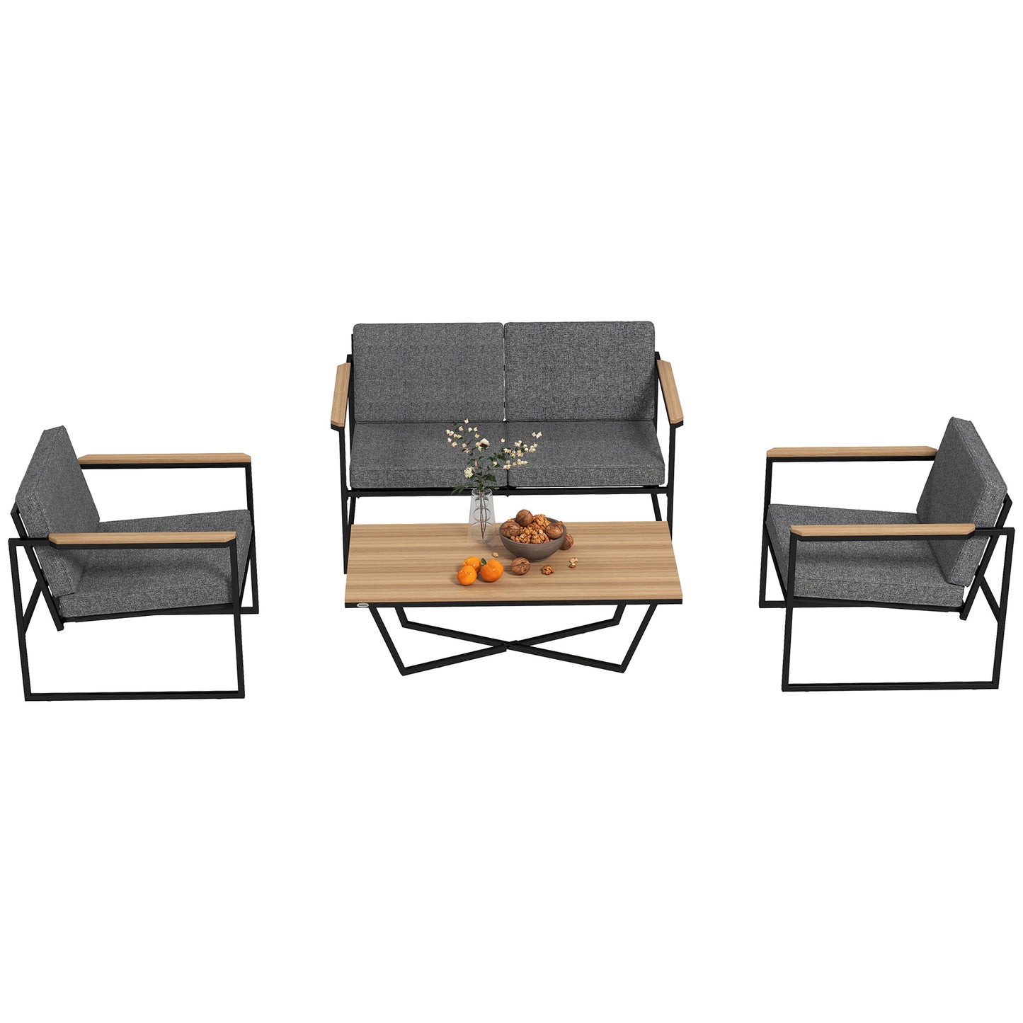 Outsunny 4-persoons tuinmeubelset, weerbestendige balkonmeubelset met 2-zitsbank, 2 stoelen, zitkussens en bijzettafel, grijs