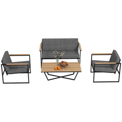 Outsunny 4-persoons tuinmeubelset, weerbestendige balkonmeubelset met 2-zitsbank, 2 stoelen, zitkussens en bijzettafel, grijs