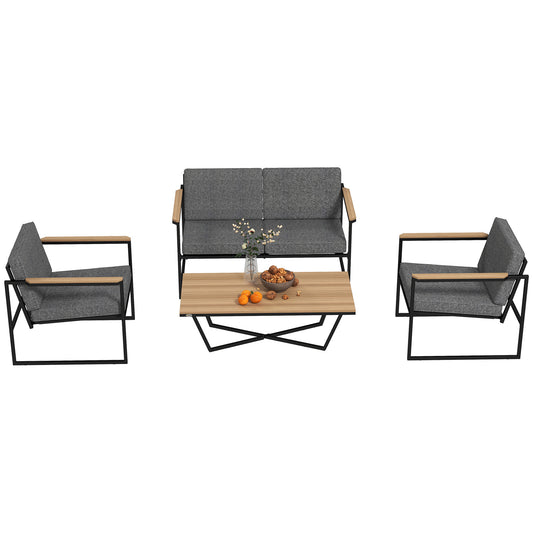 Outsunny 4-Personen-Gartenmöbelset, wetterfestes Balkonmöbelset mit 2-Sitzer-Sofa, 2 Stühlen, Sitzkissen und Beistelltisch, grau