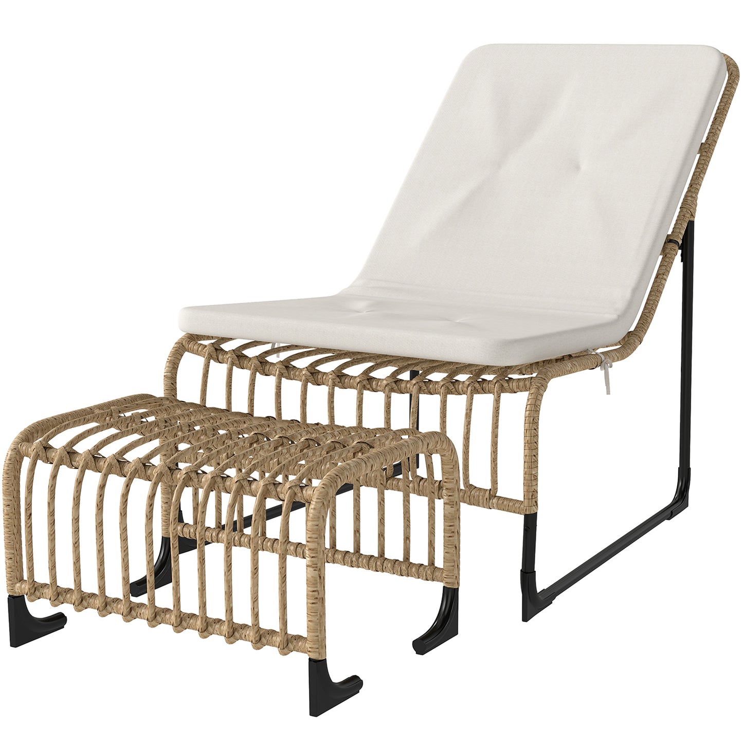 Outsunny rotan relaxstoel met voetenbankje, UV-bestendige tuinstoel met kussens en banden, 65 x 93 x 80 cm, natuurlijk hout