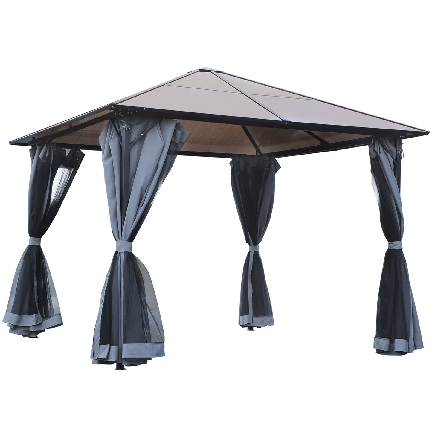 Outsunny paviljoen met polycarbonaat dak, gordijnen met klamboe, aluminium frame, donkergrijs, 3 x 3 m
