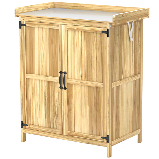 Outsunny tuinhuis, gereedschapsschuur voor buiten met werkblad, hout en roestvrij staal, dubbele deuren, natuurlijk hout