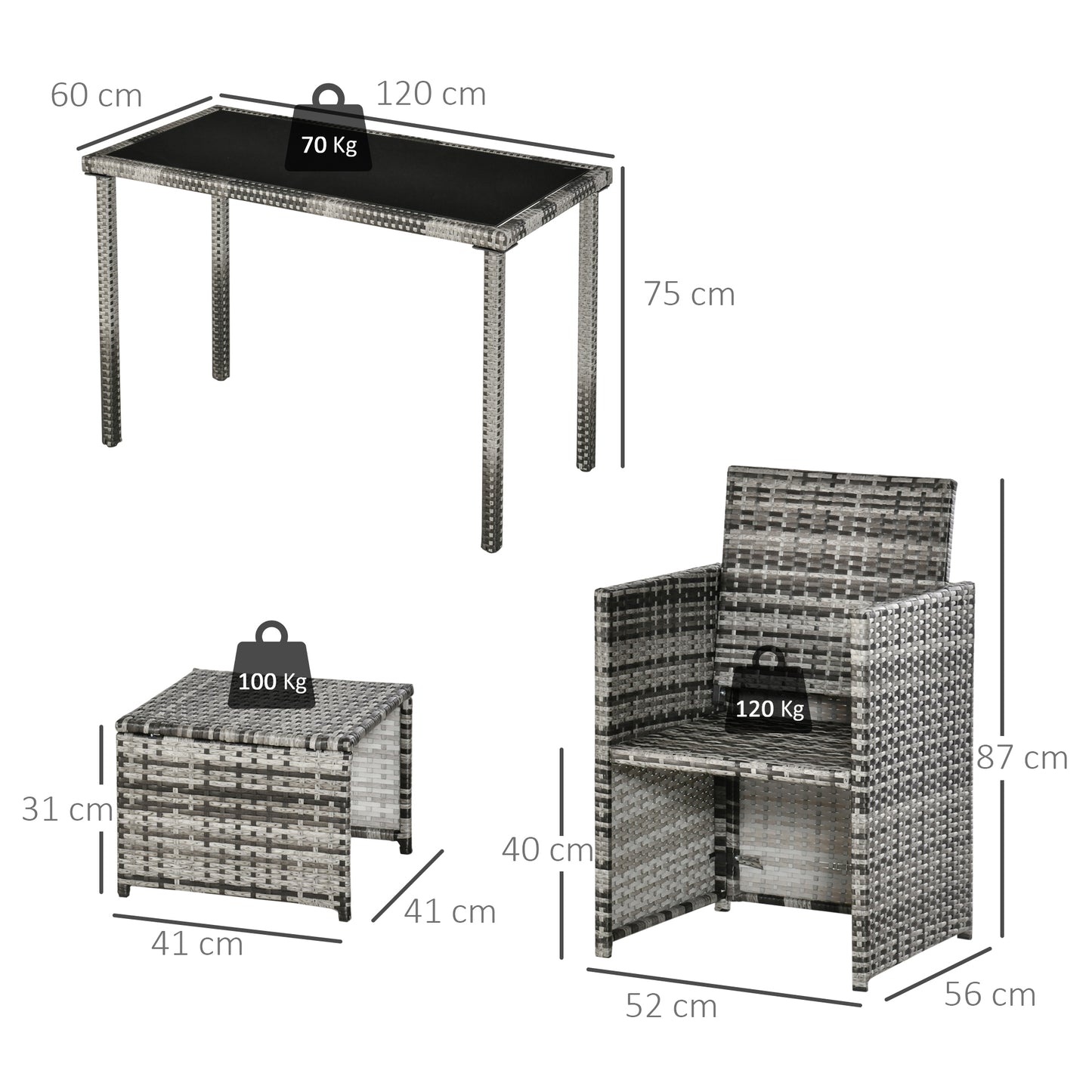Outsunny Polyrattan-Sitzgruppe für 4 Personen, Essgruppe, Gartenmöbelset mit Kissen, grau
