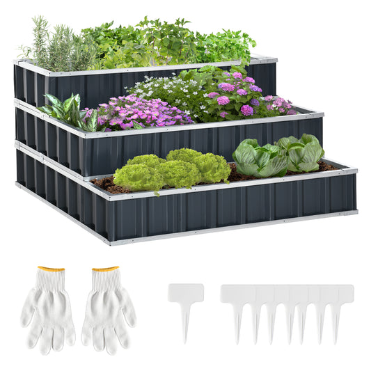 Outsunny steel raised garden bed, 3-tier, with T-shaped plant labels, gloves, planter, herb box, flower steps for balcony, garden, dark gray, 118 x 118 x 62 cm