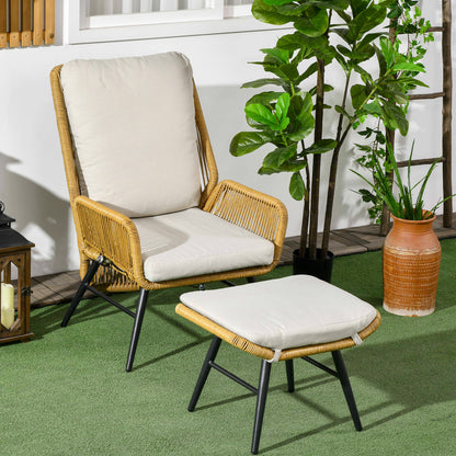 Outsunny Gartenstuhl und Hocker aus Polyrattan, verstellbare Rückenlehne, hellbraun/grau/schwarz