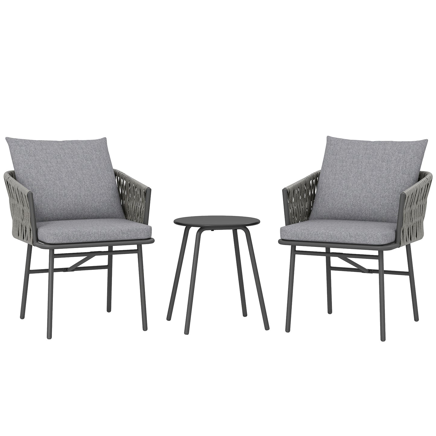 Outsunny 3-delige tuinmeubelset, 2 stoelen, 1 tafel, bistroset, kunstrotan, stalen frame, metalen tafel, 4 kussens, grijs