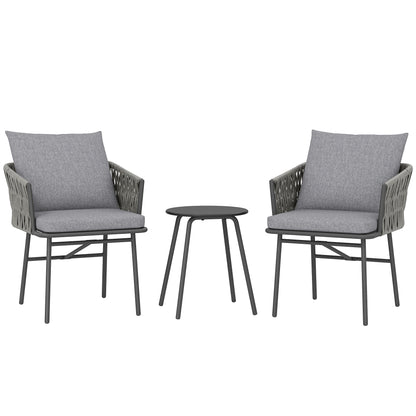 Outsunny 3-delige tuinmeubelset, 2 stoelen, 1 tafel, bistroset, kunstrotan, stalen frame, metalen tafel, 4 kussens, grijs