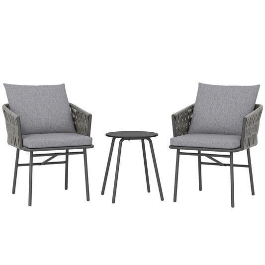 Outsunny 3-teiliges Gartenmöbelset, 2 Stühle, 1 Tisch, Bistro-Set, Kunstrattan, Stahlgestell, Metalltisch, 4 Kissen, grau