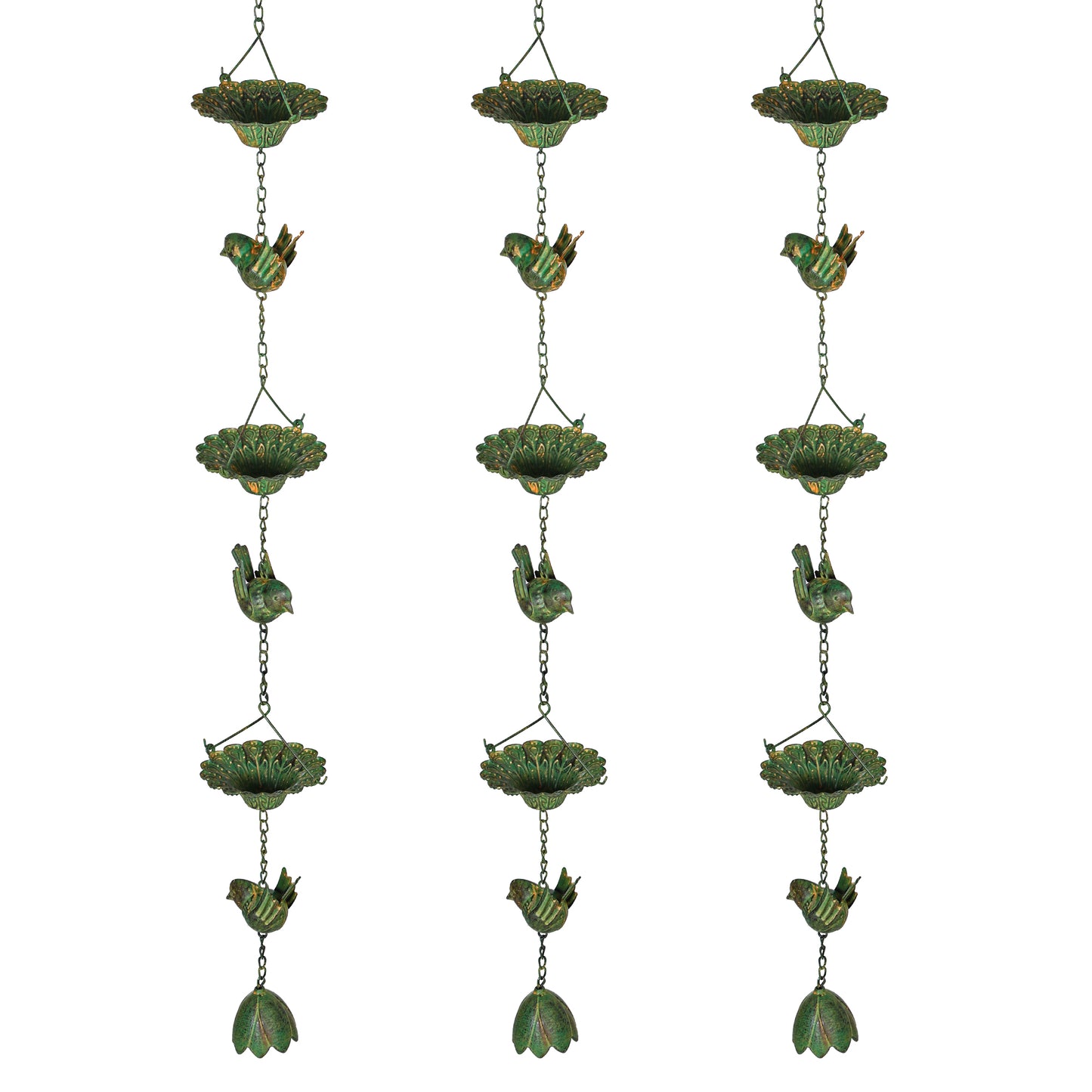Outsunny 3-teiliges Regenkettenset, 123 cm, Metall-Regenablaufkette mit Aufhängeschlaufe, Vogelmotiv, Glockengrün
