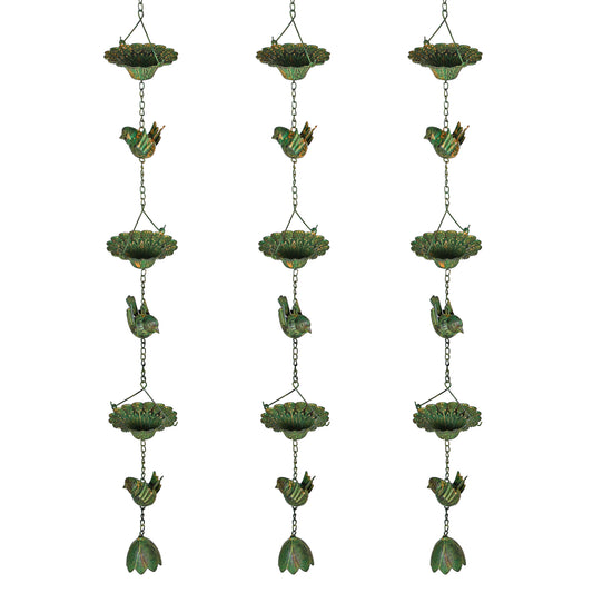 Outsunny 3-teiliges Regenkettenset, 123 cm, Metall-Regenablaufkette mit Aufhängeschlaufe, Vogelmotiv, Glockengrün