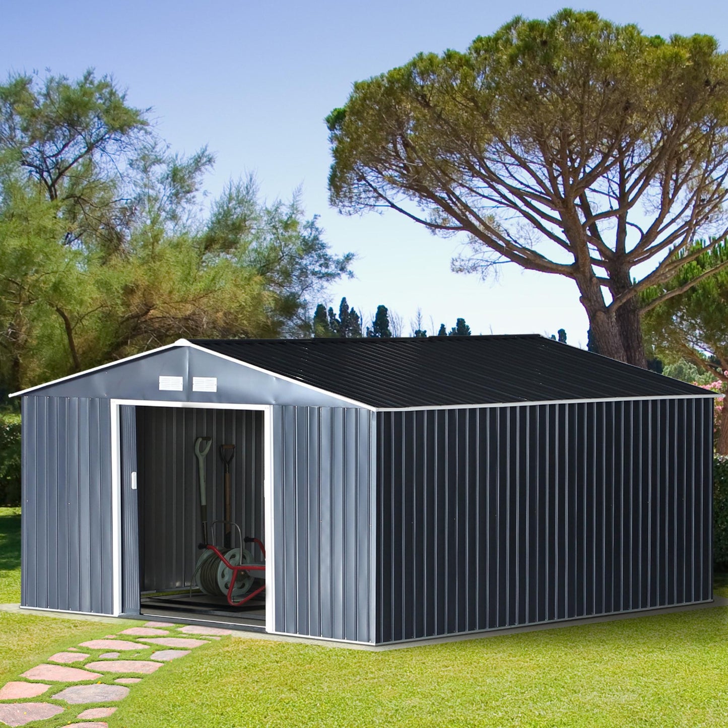 Tuinhuis Outsunny, weerbestendig tuinhuis voor tuingereedschap, met ventilatieramen, schuifdeuren, staal, antracietgrijs