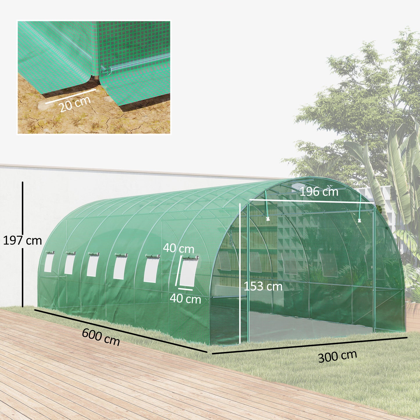 Outsunny Polytunnelkas met kunststof afdekking en stalen frame, inloopkastent met roldeuren, groen
