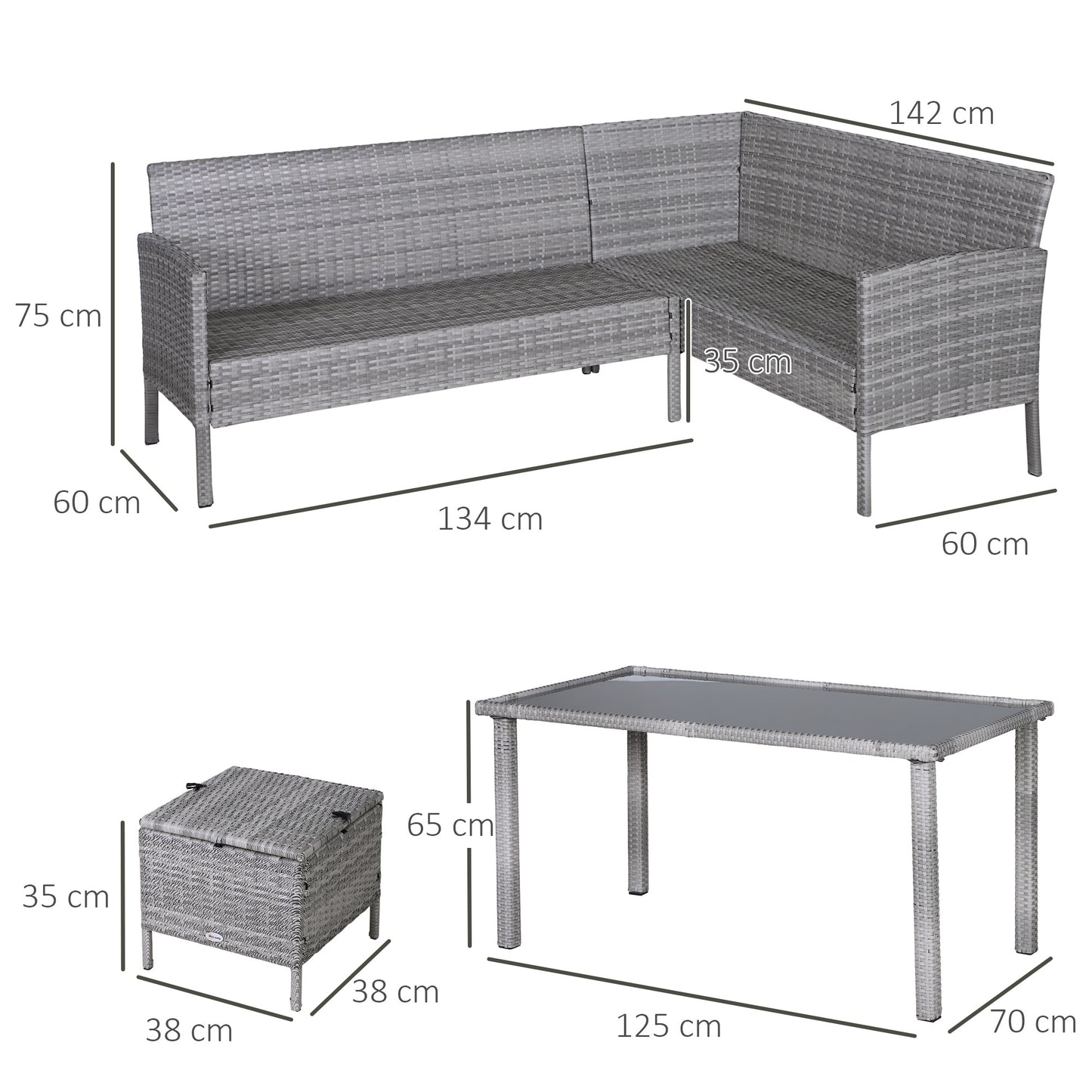 Outsunny 5-delige tuinmeubelset, rotan zitgroep met voetenbank, metaal, grijs, 142 x 60 x 75 cm