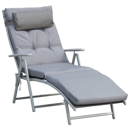 Outsunny Klappliege mit Kopfstütze und Sitzkissen, Liege mit 7-fach verstellbarer Rückenlehne, Gartenliege, Relaxsessel, belastbar bis 165 kg, für Garten, Urlaub und Outdoor-Aktivitäten, grau