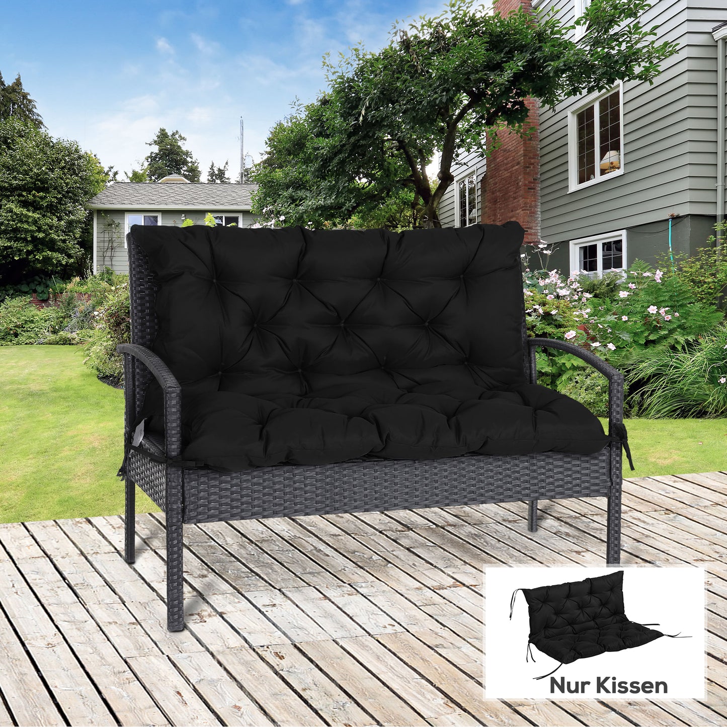 Outsunny 3-zits bankkussen, 100x98x8 cm, bankkussen met banden, bankkussen voor tuinmeubelen, Hollywood schommel, zwart