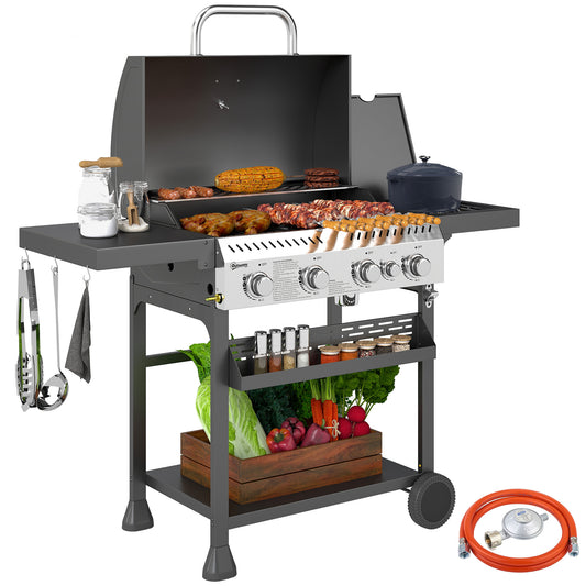 Outsunny Gasgrill, BBQ-grill, 4 hoofdbranders, 1 zijbrander, 1 warmhoudplaat; 135 x 55 x 103 cm, zwart