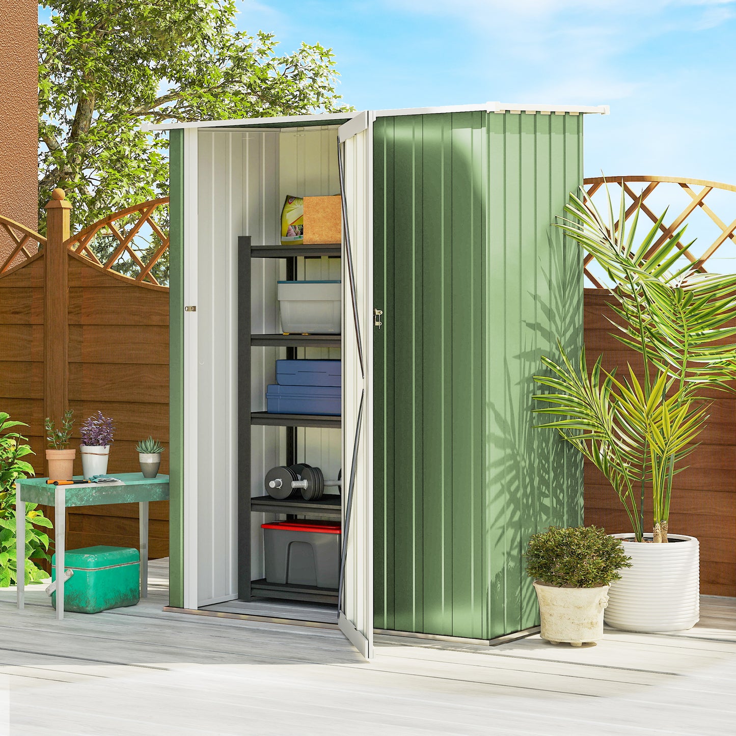 Outsunny Metalen Tuinhuis 1,07 m² met Schuin Dak, 142 x 84 x 189 cm, Gereedschapsschuur met Afsluitbare Deur, Tuinhuis, Tuinhuis, Groen