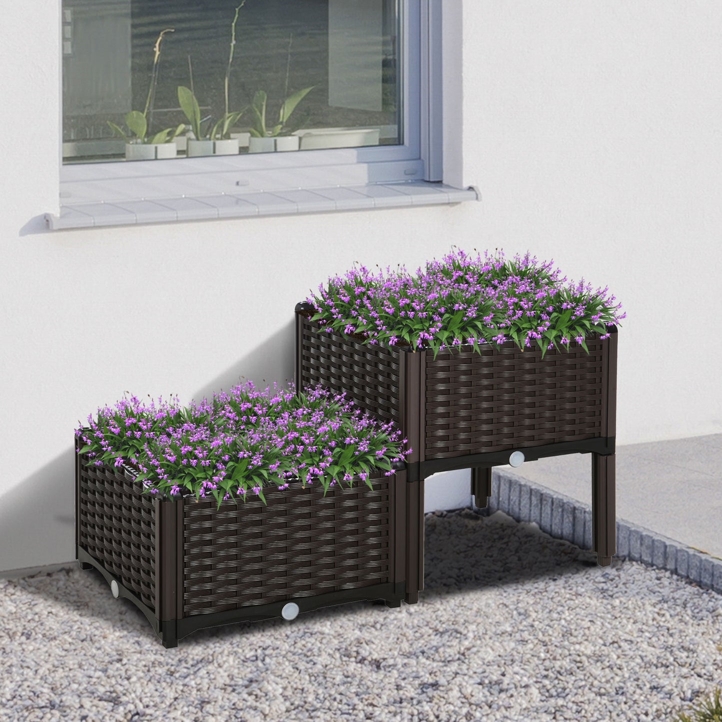 Outsunny Verhoogd Tuinbed, Bloembak met Afwateringsgaten, Bloembak met Rotanlook, Kunststof, Bruin, 40 x 40 x 44 cm