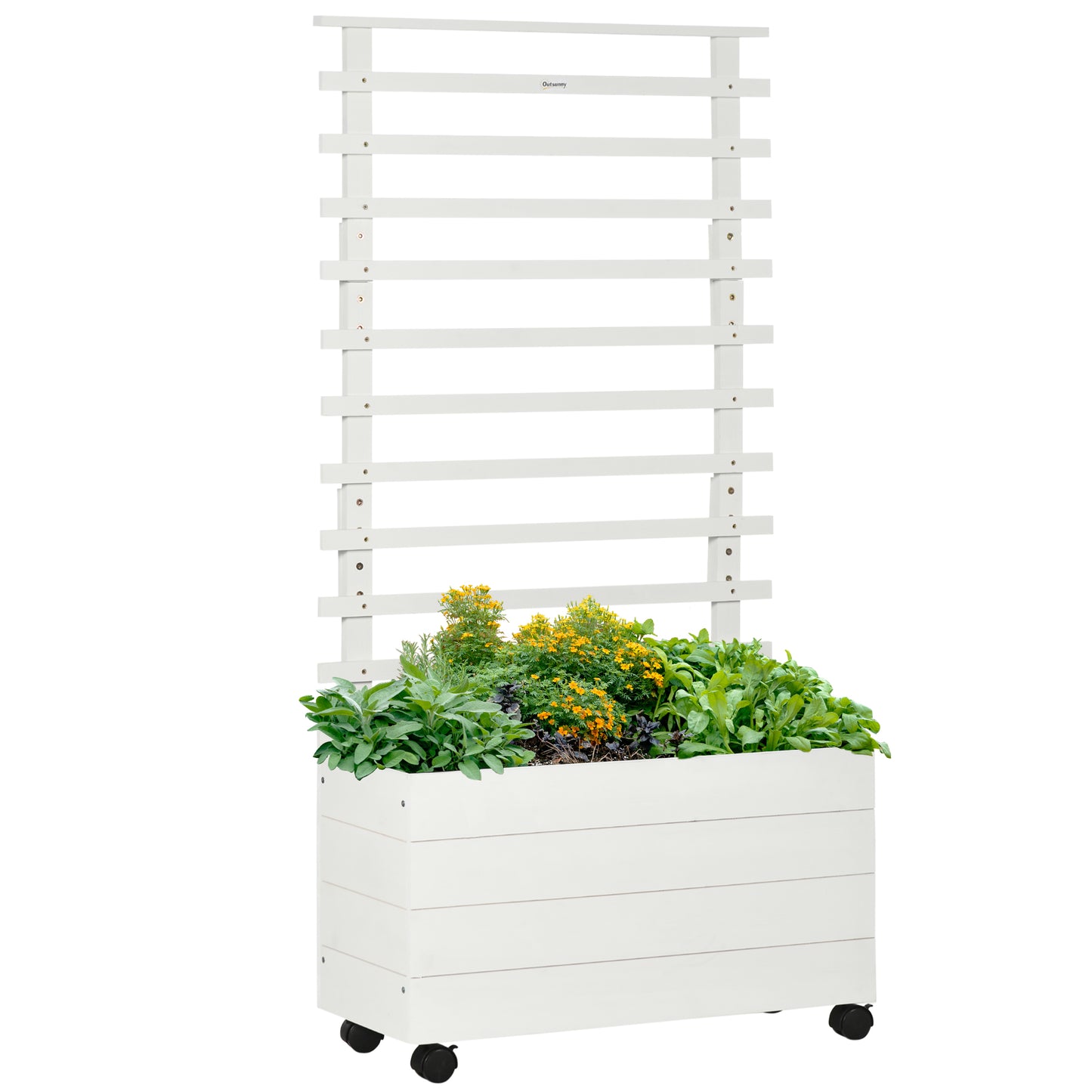 Outsunny plantenbak met trellis, 4 wielen, natuurlijk hout, weerbestendige afwerking, wit, 76 x 30 x 155 cm