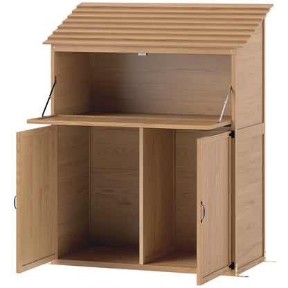 Outsunny tuinkast met uitklapbare tafel, gereedschapskast met dak, 110 x 54 x 136 cm, dennenhout, bruin